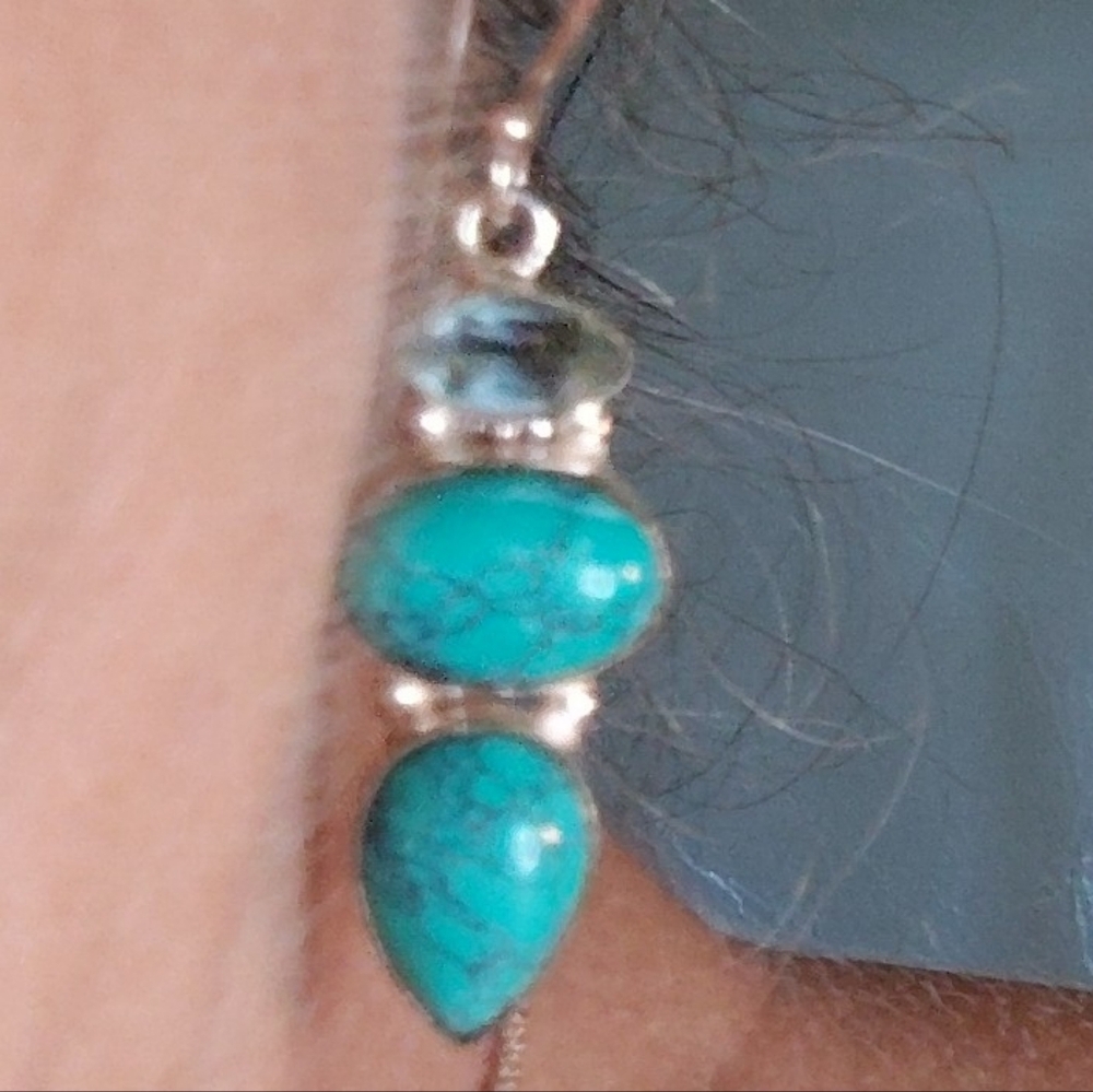 🔥KINGMAN TURQUOISE, LONDON BLUE TOPAZ, STERLING HYPOALLERGENIC EAR. 1-1/2" - Picture 2 of 12
